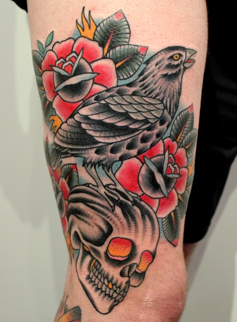 Traditional Bird With Skull And Roses Tattoo On Half Sleeve By Myke Chambers