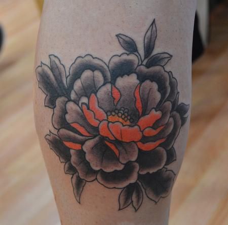 Traditional Black And Orange Peony Flower Tattoo Design For Leg Calf