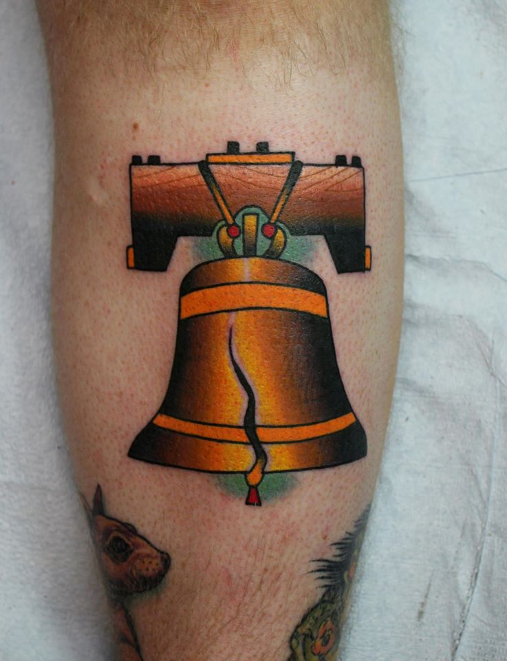 Traditional Broken Bell Tattoo On Leg Calf By Myke Chambers