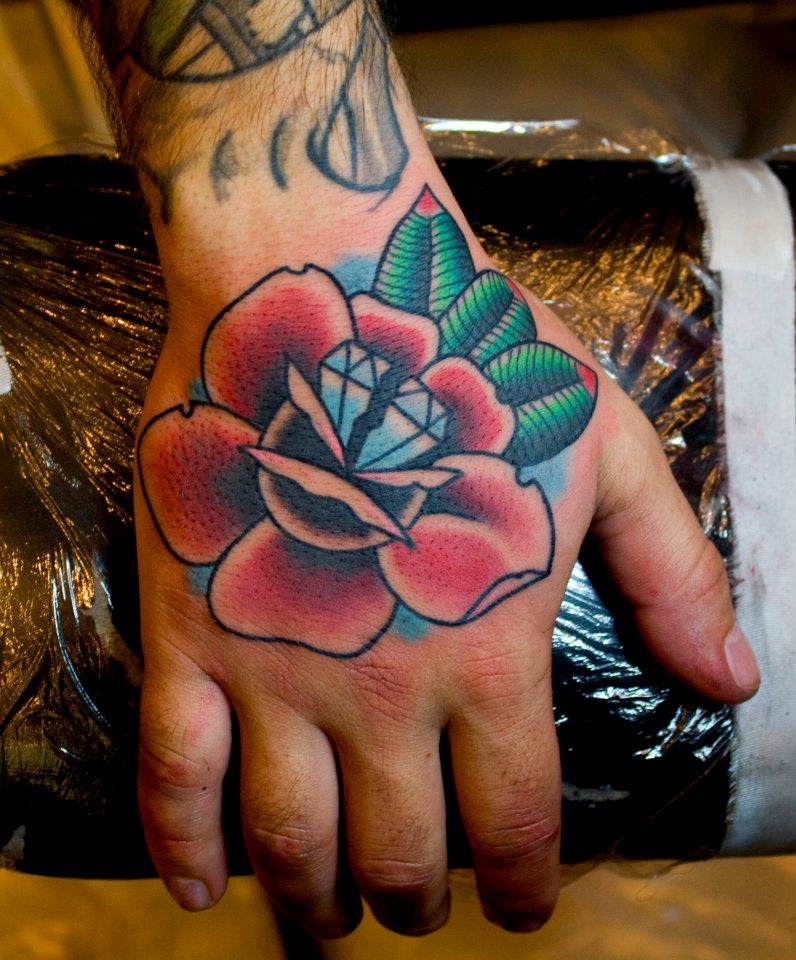 Traditional Broken Diamond In Rose Tattoo On Right Hand By Myke Chambers