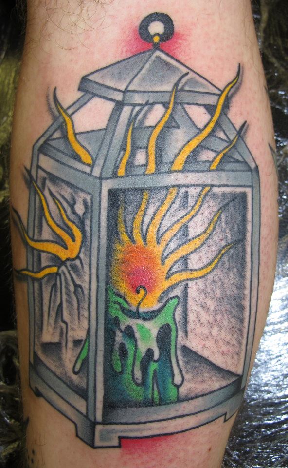 Traditional Candle In Lantern Tattoo Design For Leg Calf By Sam Ricketts