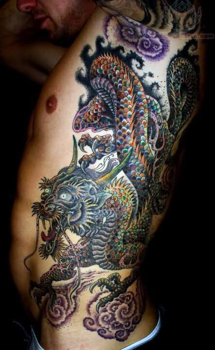 Traditional Chinese Dragon Tattoo On Man Left Side Rib