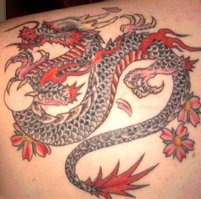 Traditional Chinese Dragon With Flowers Tattoo On Left Back Shoulder