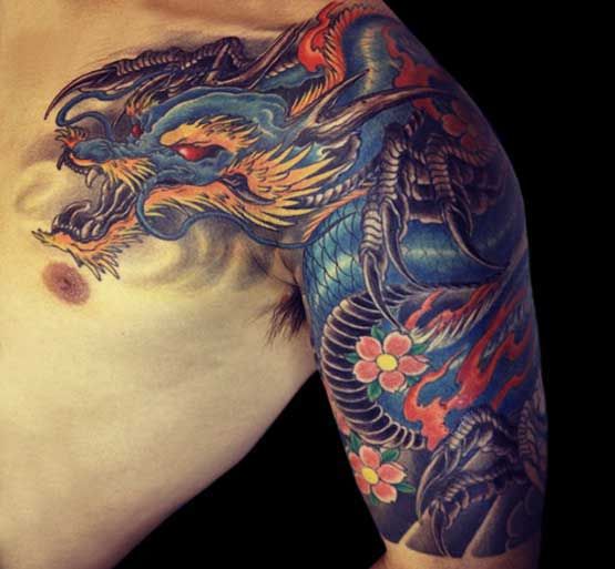 Traditional Chinese Dragon With Flowers Tattoo On Left Half Sleeve