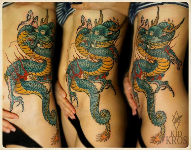 Traditional Colorful Dragon Tattoo On Left Side Rib