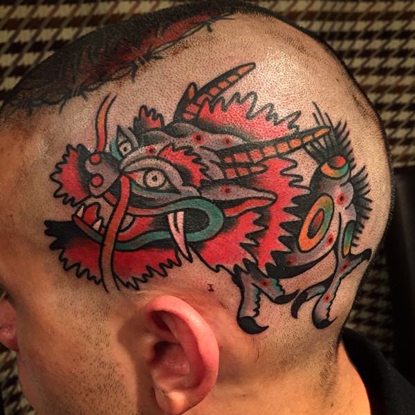Traditional Colorful Dragon Tattoo On Man Head