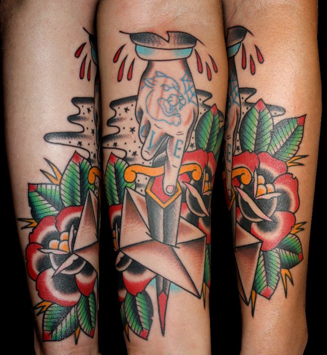 Traditional Dagger In Envelope With Roses Tattoo On Sleeve By Myke Chambers