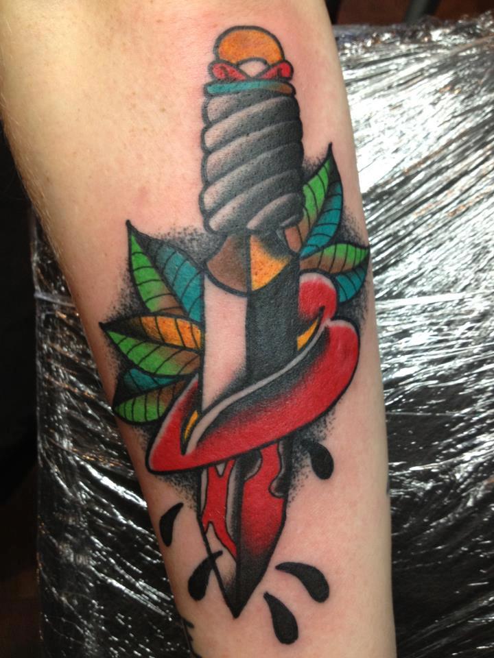 Traditional Dagger In Heart Tattoo On Forearm By Jay Thurley