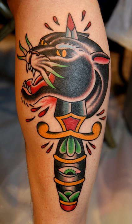 Traditional Dagger In Panther Head Tattoo On Leg Calf By Myke Chambers