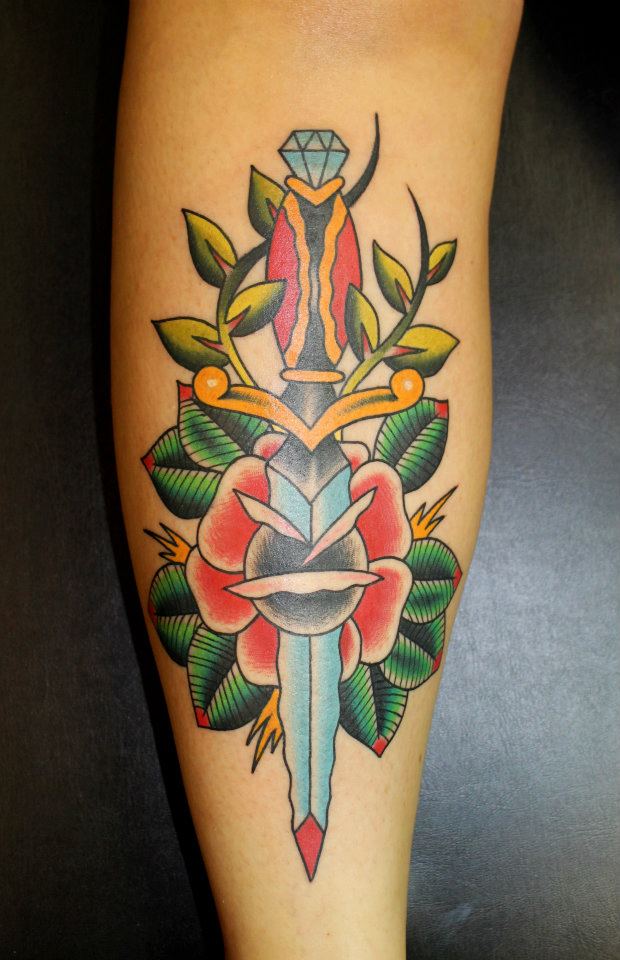 Traditional Dagger In Rose Tattoo On Leg Calf