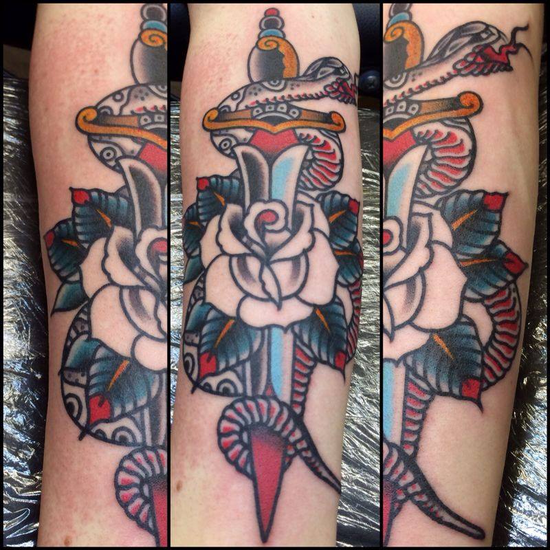 Traditional Dagger In Rose With Snake Tattoo On Sleeve