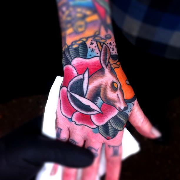 Traditional Deer Head In Rose Tattoo On Right Hand By Myke Chambers