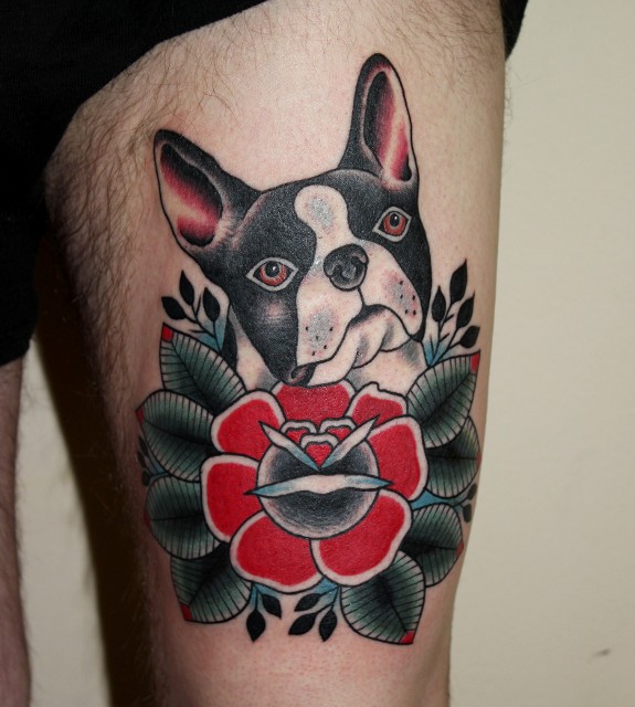 Traditional Dog Head With Rose Tattoo On Thigh