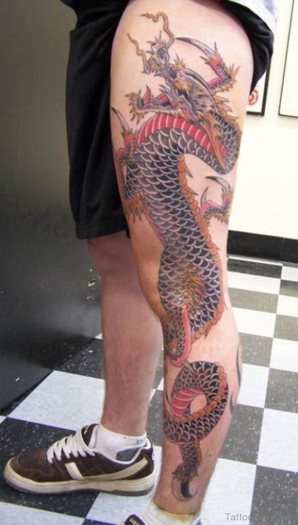 Traditional Dragon Tattoo On Left Full Leg