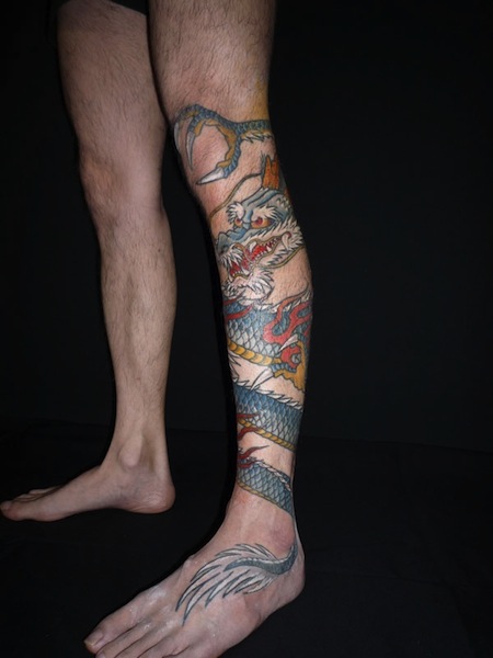 Traditional Dragon Tattoo On Left Leg