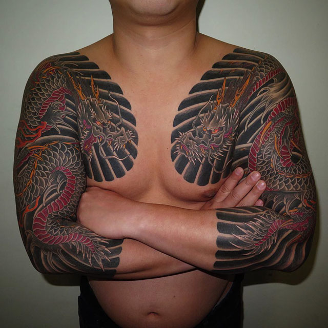 Traditional Dragon Tattoo On Man Both Full Sleeve