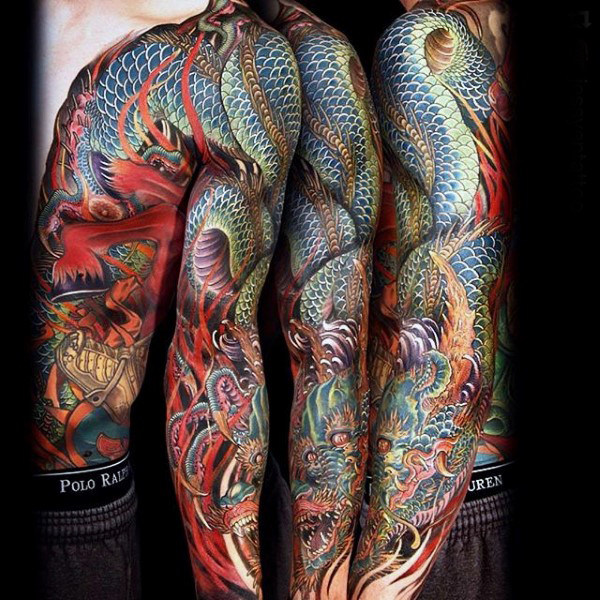 Traditional Dragon Tattoo On Man Left Full Sleeve