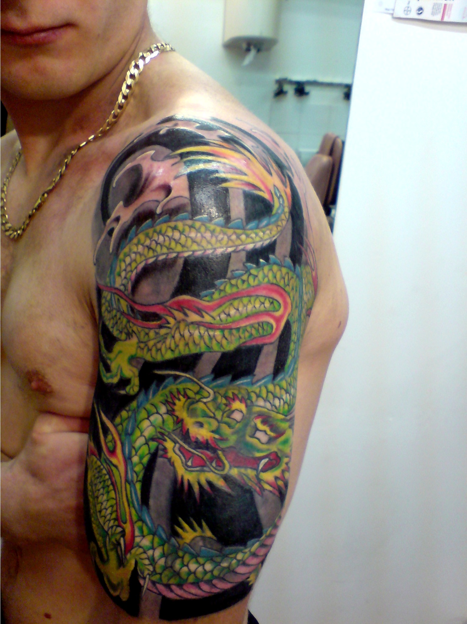 Traditional Dragon Tattoo On Man Left Half Sleeve