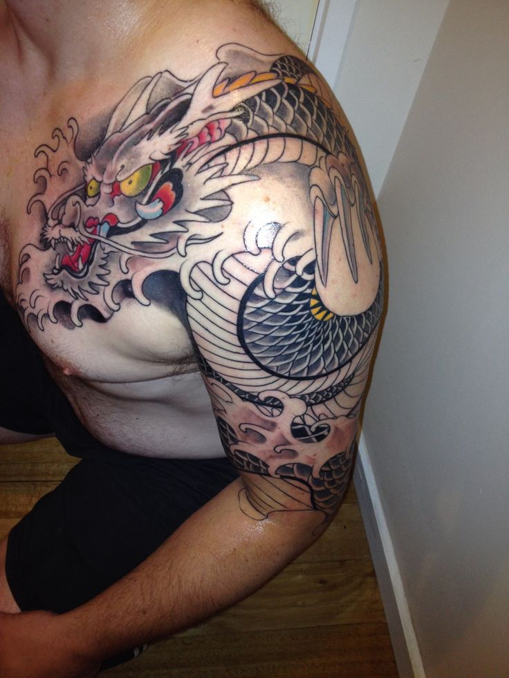 Traditional Dragon Tattoo On Man Left Shoulder