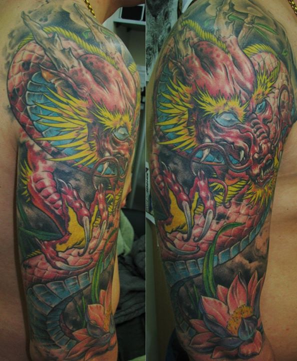 Traditional Dragon Tattoo On Right Half Sleeve By Dmitriy Samohin