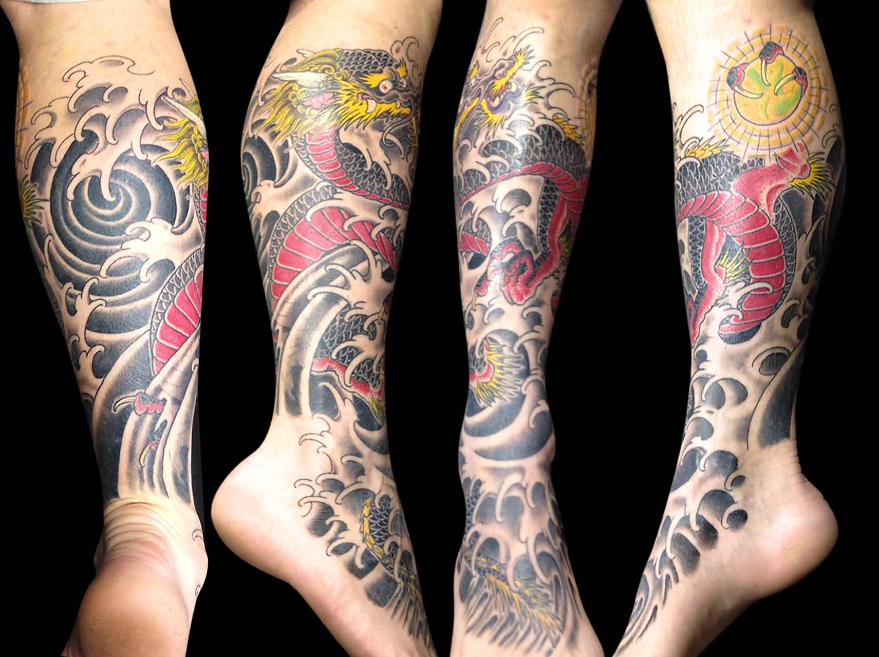 Traditional Dragon Tattoo On Right Leg.