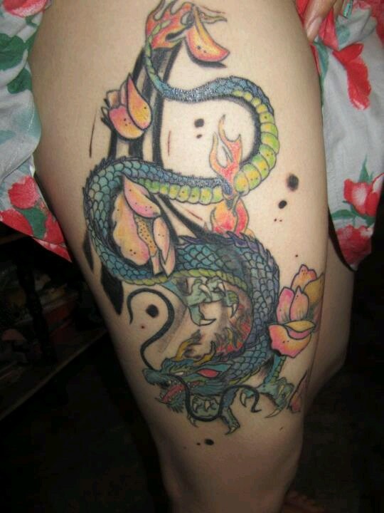 Traditional Dragon Tattoo On Right Thigh