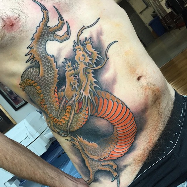 Traditional Dragon Tattoo On Stomach.