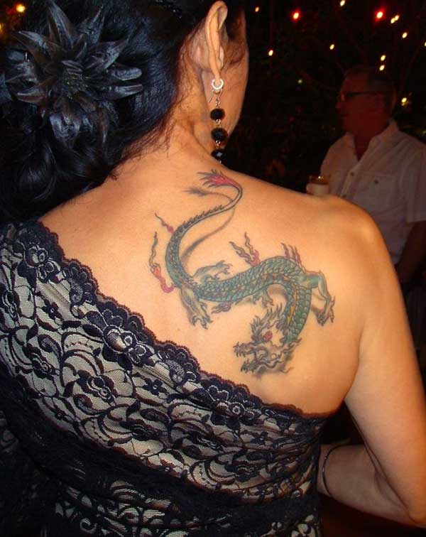 Traditional Dragon Tattoo On Women Right Back Shoulder