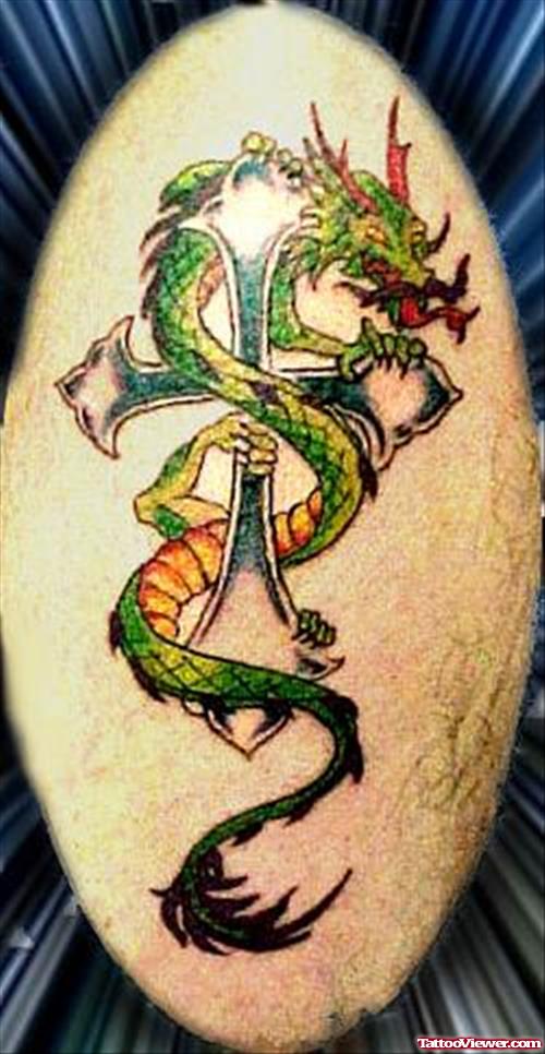 Traditional Dragon With Cross Tattoo Design For Half Sleeve