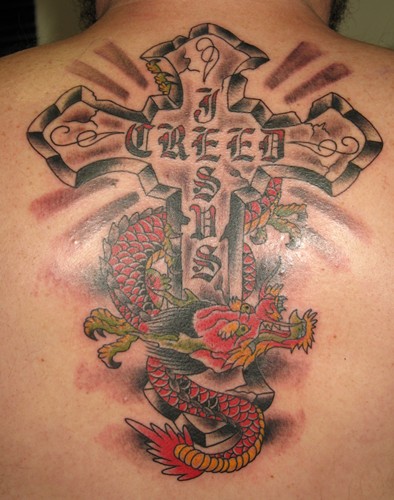 Traditional Dragon With Cross Tattoo On Upper Back