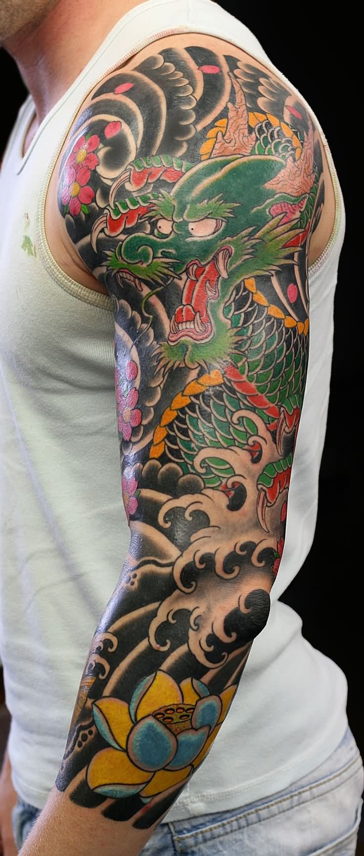 Traditional Dragon With Flowers Tattoo On Man Left Sleeve