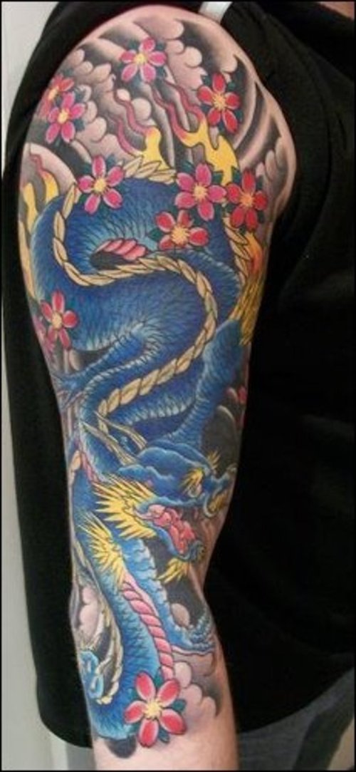 Traditional Dragon With Flowers Tattoo On Right Full Sleeve