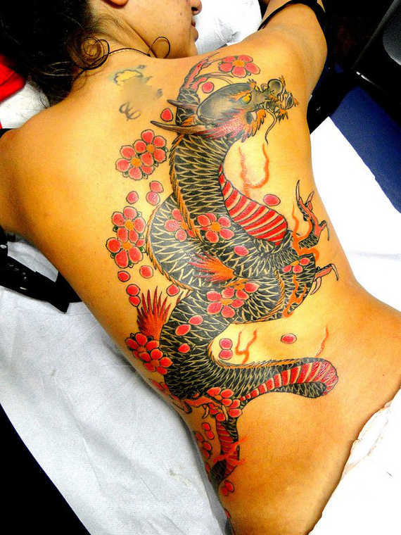 Traditional Dragon With Flowers Tattoo On Women Full Back By Massashi Ultratattoo