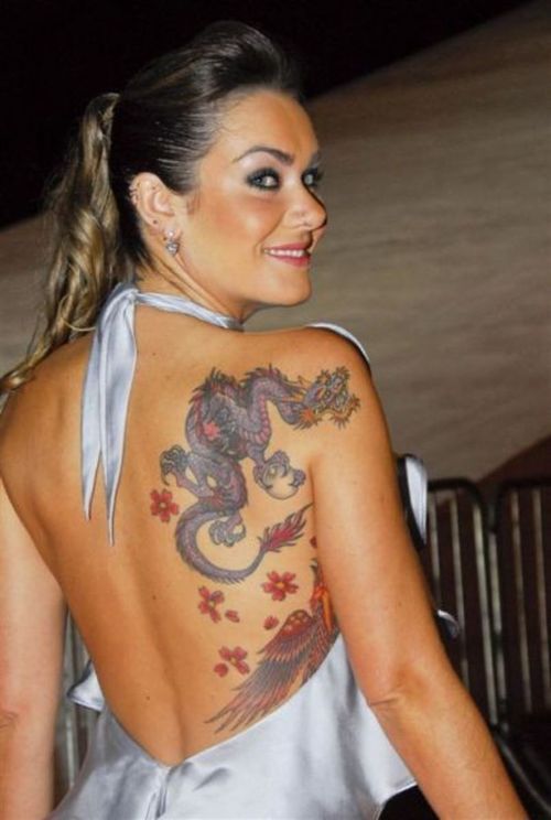 Traditional Dragon With Flowers Tattoo On Women Right Back Shoulder