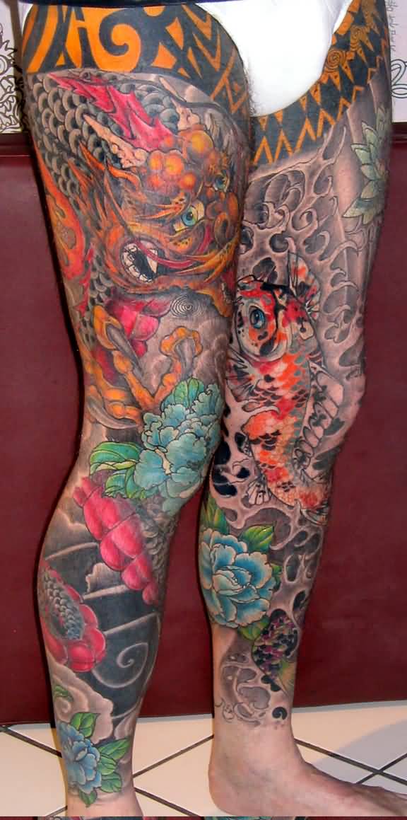 Traditional Dragon With Koi Fish And Flowers Tattoo On Both Leg
