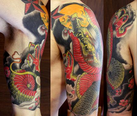 Traditional Dragon With Nautical Star Tattoo On Left Half Sleeve