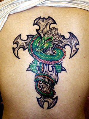 Traditional Dragon With Tribal Cross Tattoo On Full Back