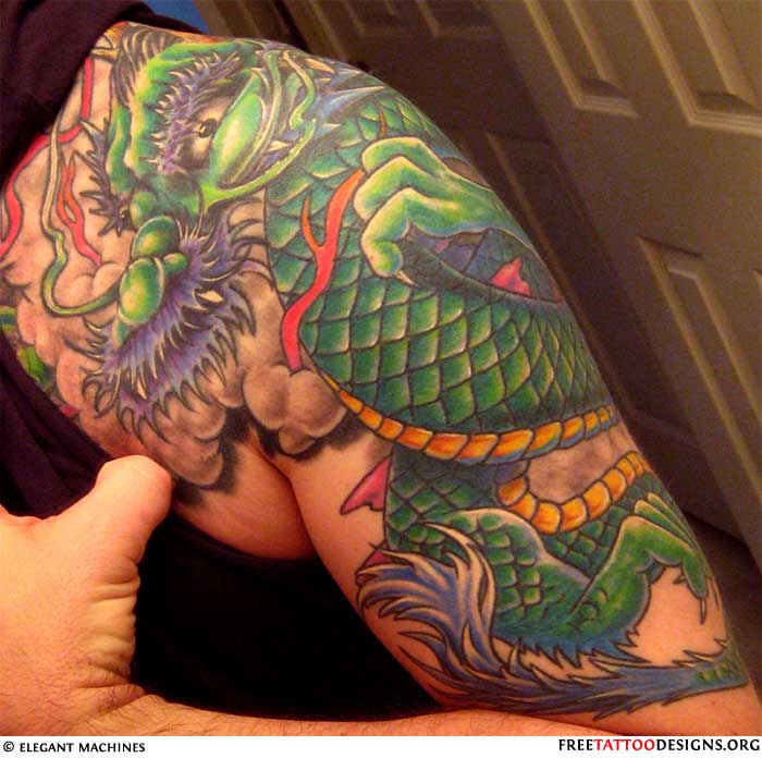Traditional Dragon Wrap Around Tattoo On Left Half Sleeve