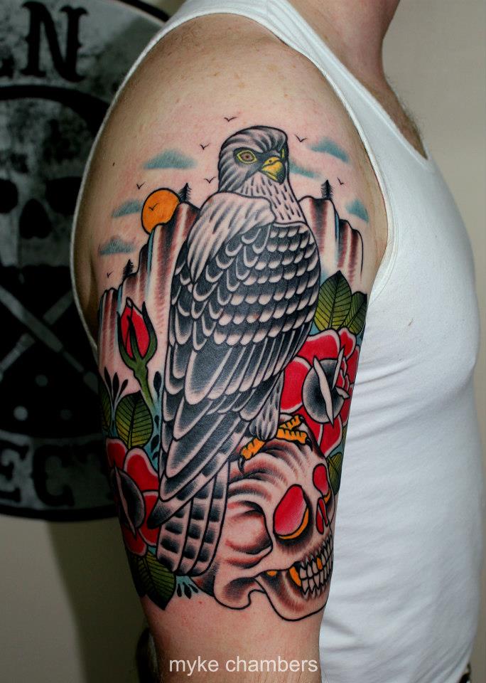 Traditional Eagle On Skull With Rose Tattoo On Right Half Sleeve By Myke Chambers