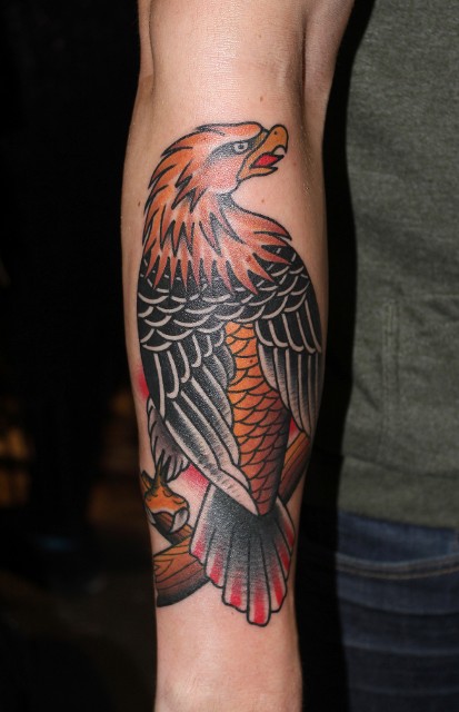 Traditional Eagle Tattoo On Leg Calf By Myke Chambers