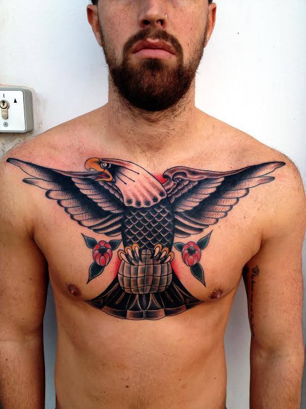 Traditional Eagle Tattoo On Man Chest By Sam Ricketts
