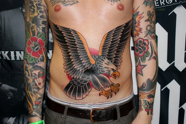 Traditional Eagle Tattoo On Man Stomach By Myke Chambers