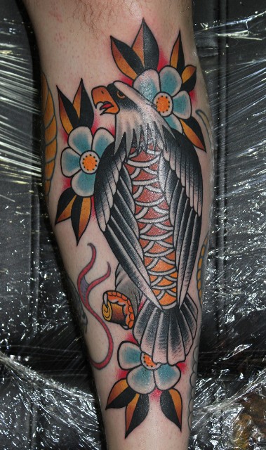 Traditional Eagle With Flowers Tattoo Design For Leg By Myke Chambers