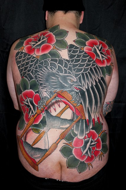 Traditional Eagle With Hourglass And Roses Tattoo On Man Full Back