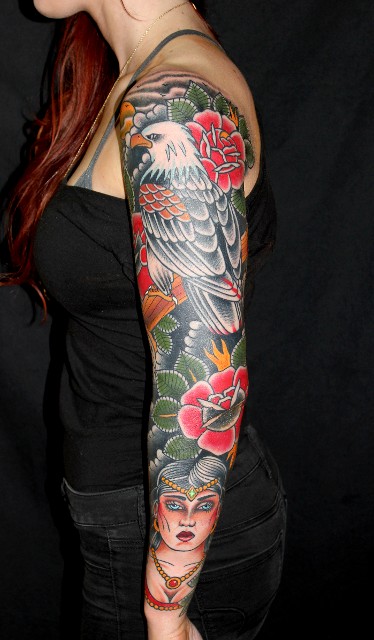 Traditional Eagle With Roses Tattoo On Left Full Sleeve By Myke Chambers