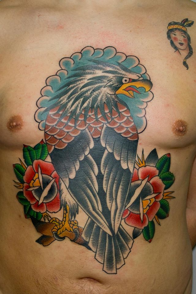 Traditional Eagle With Roses Tattoo On Man Chest By Myke Chambers
