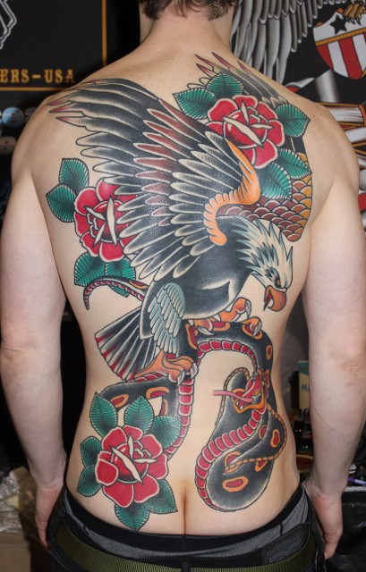 Traditional Eagle With Snake And Flower Tattoo On Full Back