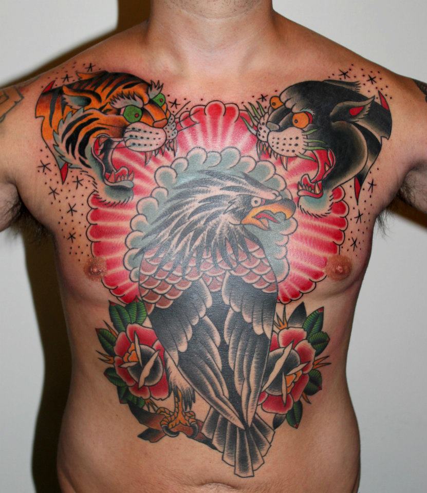 Traditional Eagle With Tiger And Panther Head Tattoo On Man Chest
