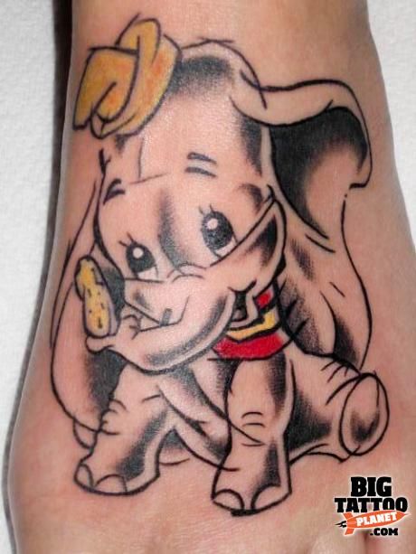 Traditional Elephant Dumbo Tattoo On Foot