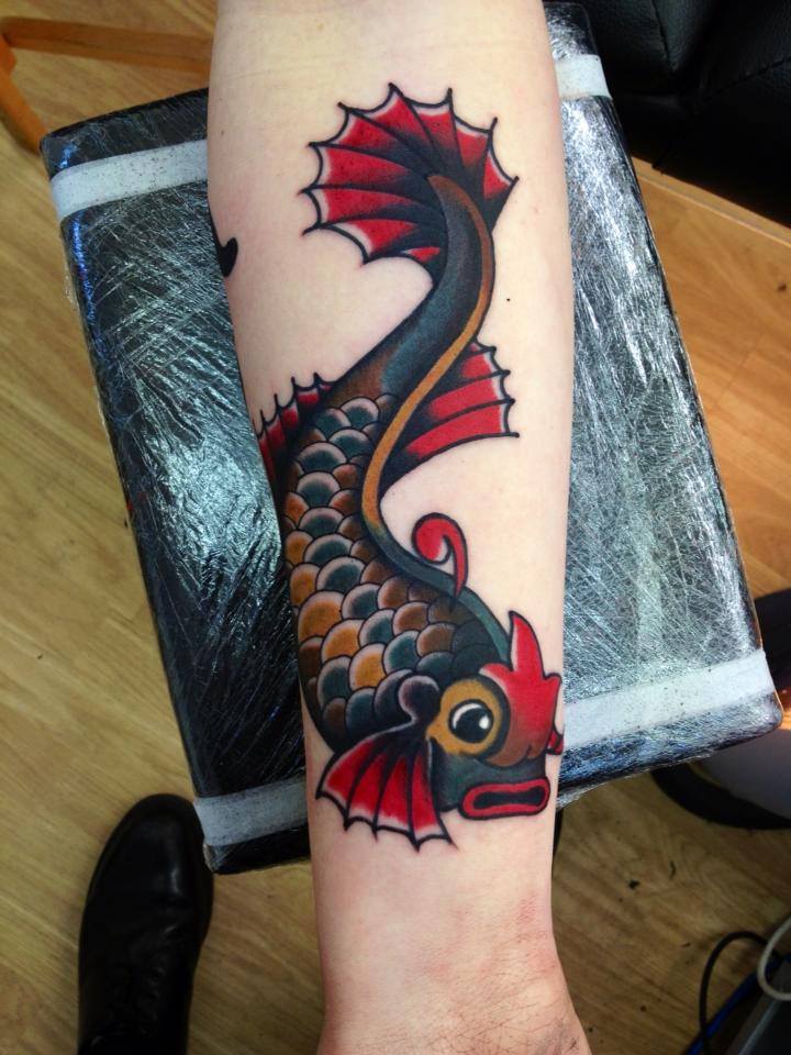 Traditional Fish Tattoo On Right Forearm